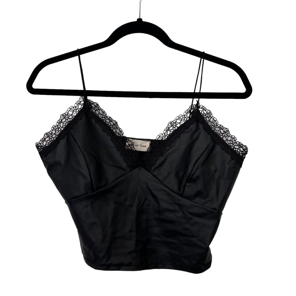 Olive tree faux leather cropped black womens lace trim top Size:‎ M